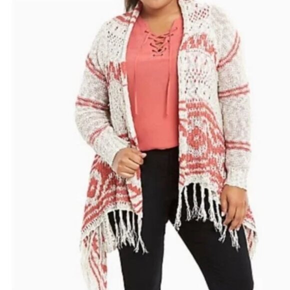 Torrid Aztec Cardigan Women's Open Front Fringe Edge Loose Knit Southwestern 5X - Picture 1 of 5